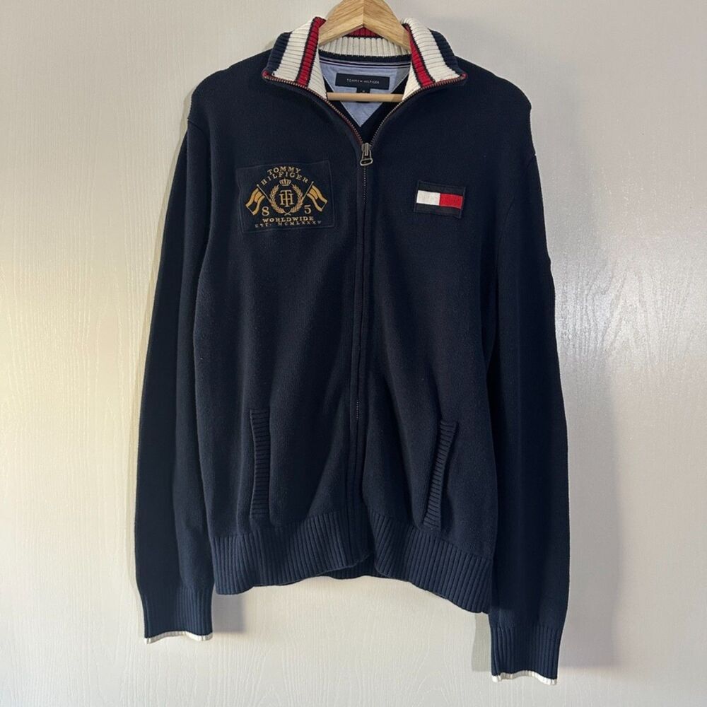 Tommy Hilfiger Mens Worldwide Embroidered Crest Navy Full Zip Sweater Sz Medium